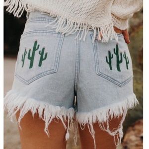 Show Me Your Mumu Denim Shorts with Cactus Embroidery